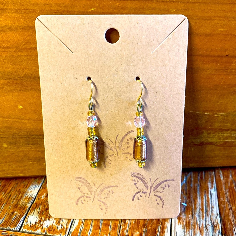 Earrings, gold fishhook, glass and crystal beads, vintage